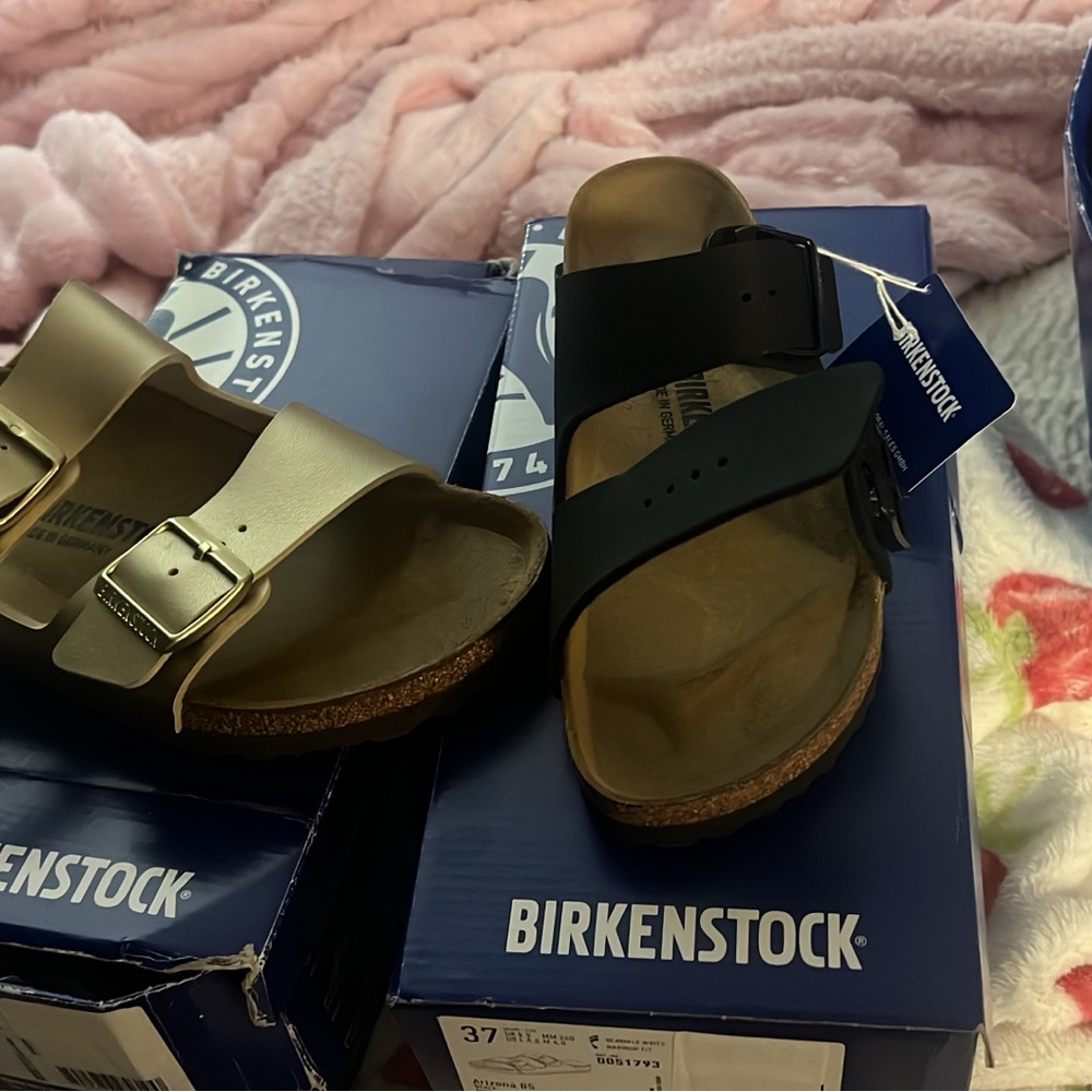 Birkenstock Men's Black and Gold Slide Sandals